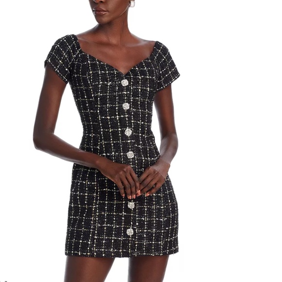 AQUA Tweed Crystal Button Mini Dress – NWT, Black/White, XS - Picture 2 of 5